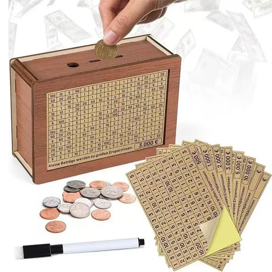500/1000/2000/3000/5000/10000 Euro Money Box Piggy Bank Wood Money Bank Reusable Money Box with Saving Goal and Numbers Boxes